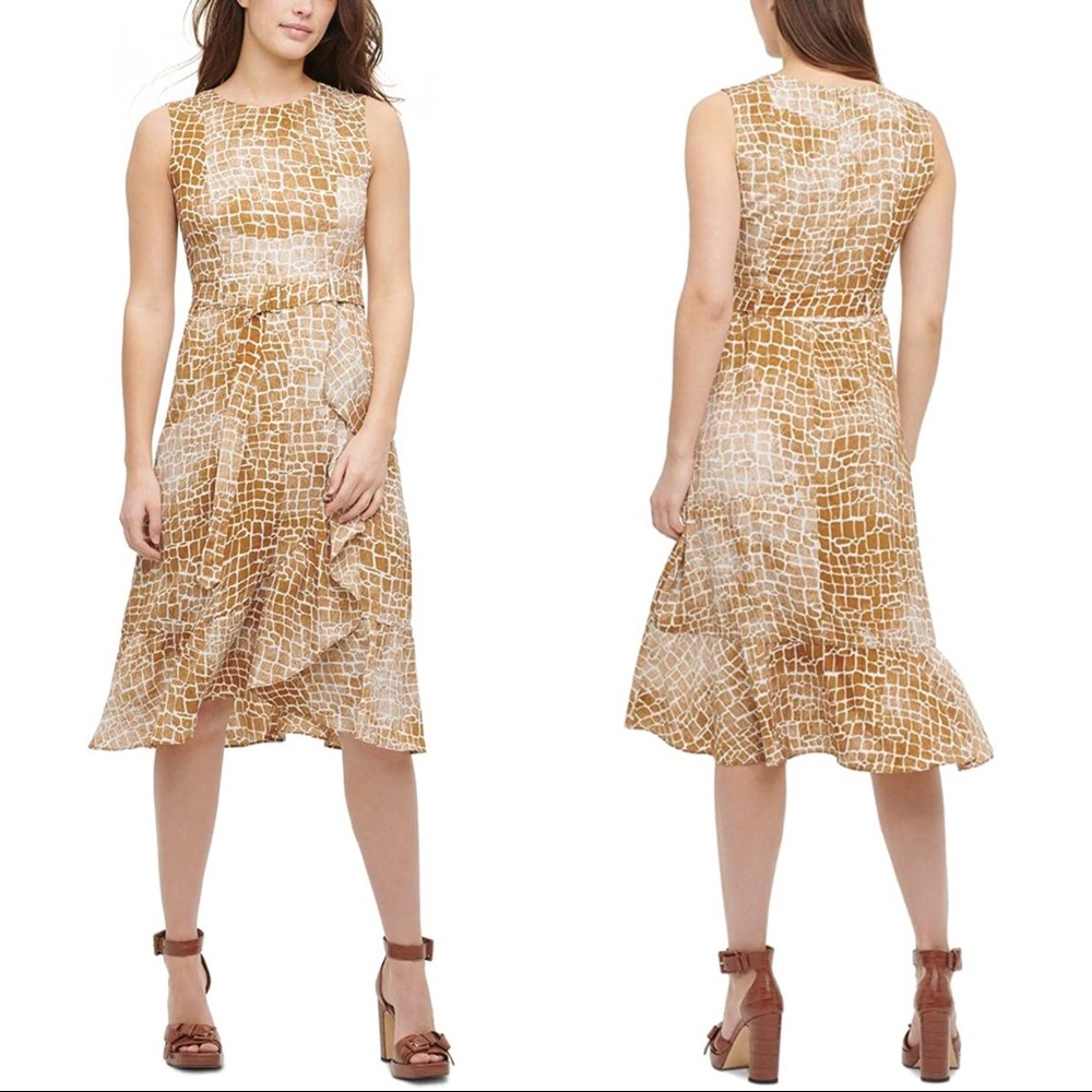 NEW Calvin Klein Plus Size Animal Print Belted Sleeveless Ruffle Sheath Dress